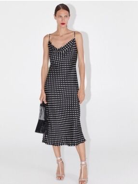 Zara Black Polka Dot Spaghetti Strap Cowl Neck Midi Dress Size Xs Runns Big M